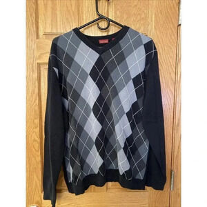 Pure Stuff Men's Argyle Sweater Black Gray V-Neck XL